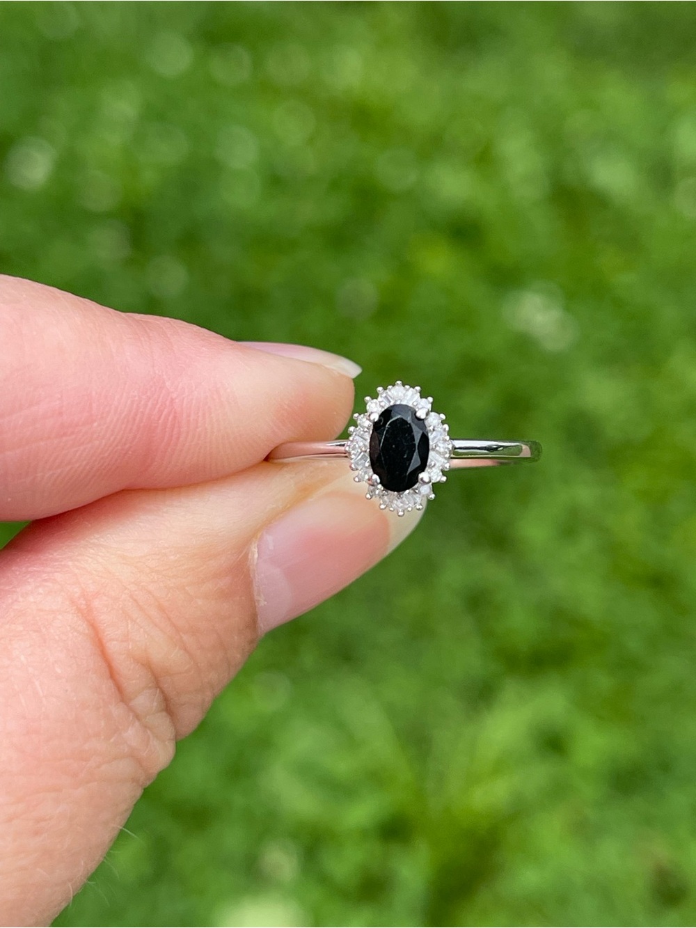 Black Tourmaline and Diamond Halo Ring